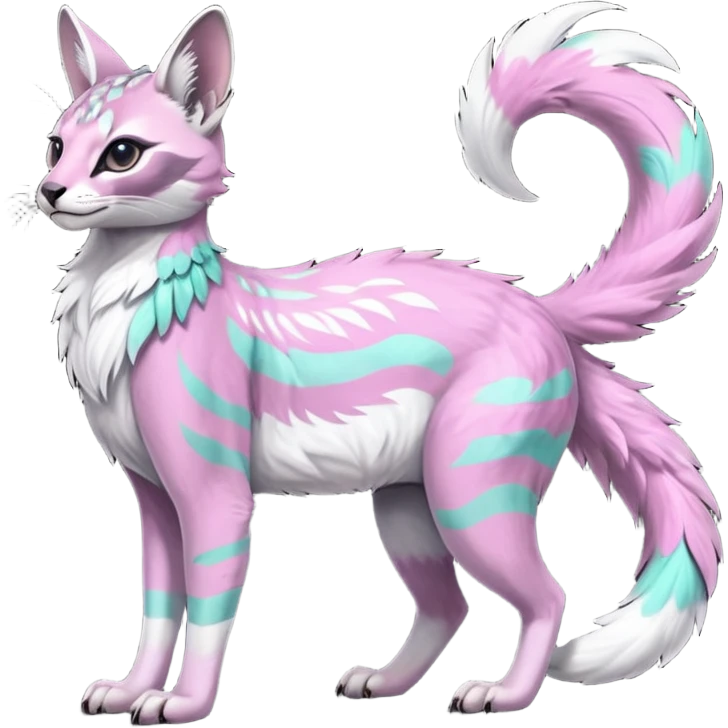Colorful dark tropical feathery tribal pale light fruity pastel white glorious iridescent divine exotic cute cool beautiful beautiful fantasy-caracal-civet-genet-sergal-vernid-Gryphon-Cacomistle-Trico-oncilla-animal-Fakémon-hybrid-fursona (full body) emoji