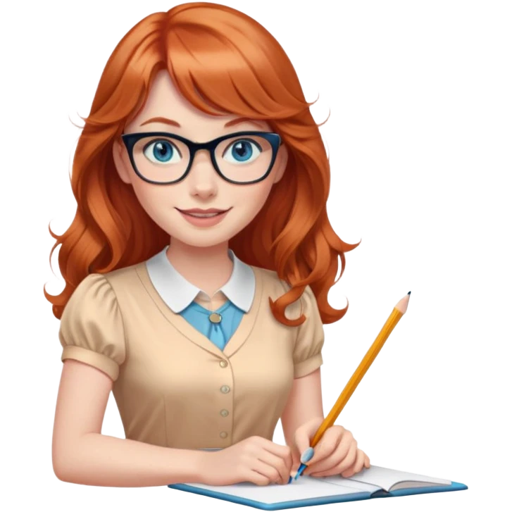 redheaded woman with long wavy hair and bangs, blue eyes, clear cat-eye glasses, short-sleeve apricot blouse, pencil skirt, holding a pencil, smiling emoji