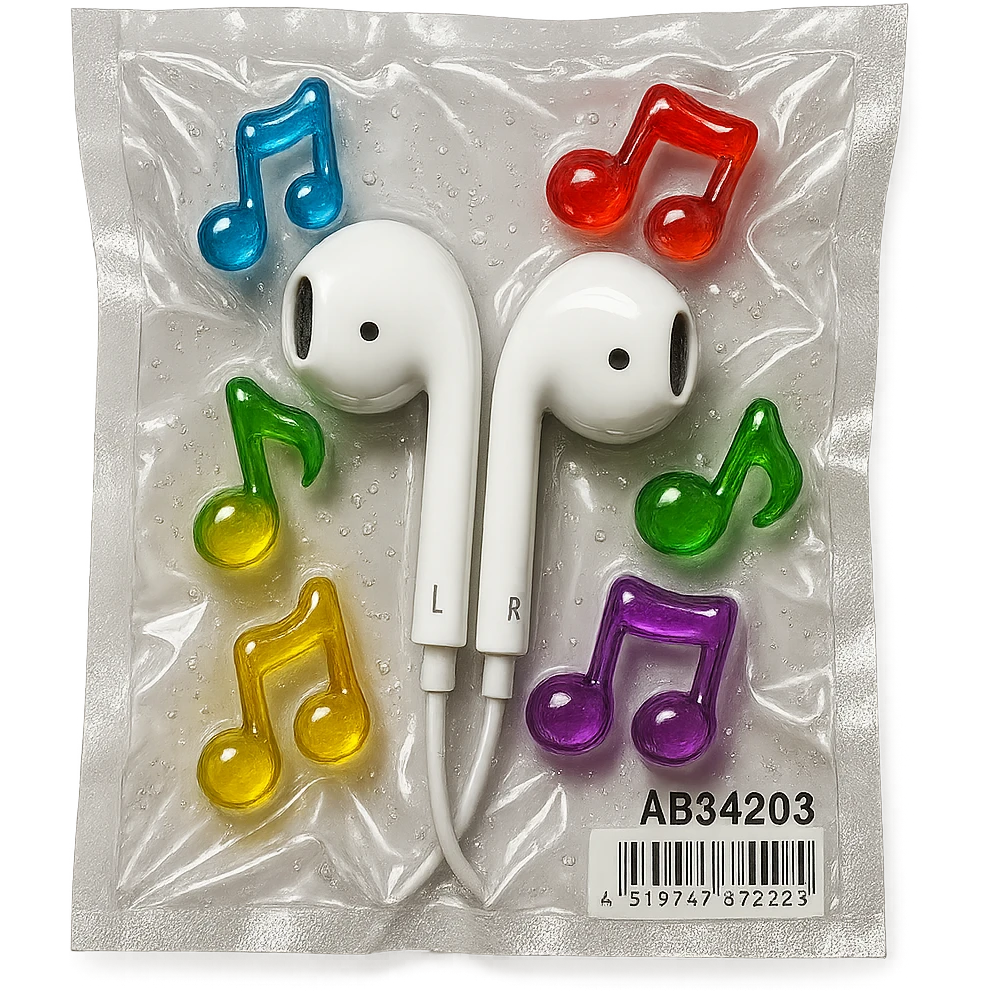 white EarPods headphones surrounded by small colorful glass music notes, glossy and puffy emoji