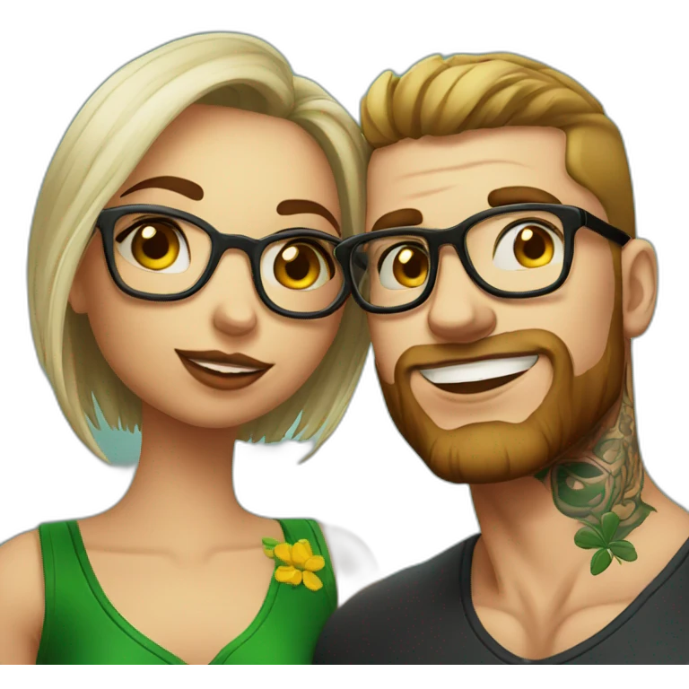 Brazilian girl with glasses kisses tattooed Irish guy emoji