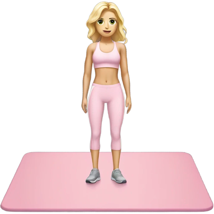 A blonde white girl in a light pink fitness suit with a full-length fitness mat emoji