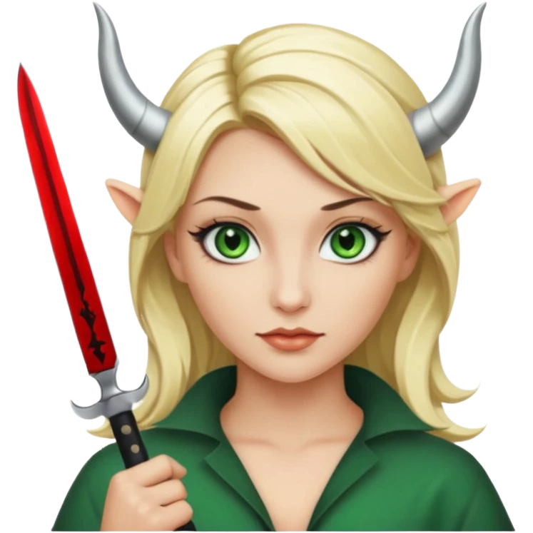 Emoji femme blonde cheveux blond, yeux vert avec de long cils noir qui a des cornes et tiens un couteau  emoji