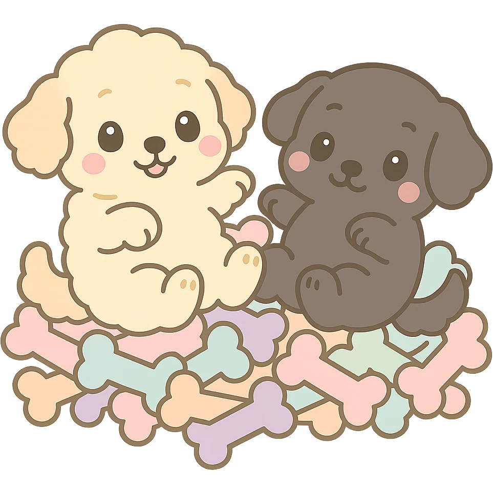 Make both dogs lay in a pile of treat bones, keeping the chibi kawaii style. Remove the grass and flowers, keep transparent background. emoji