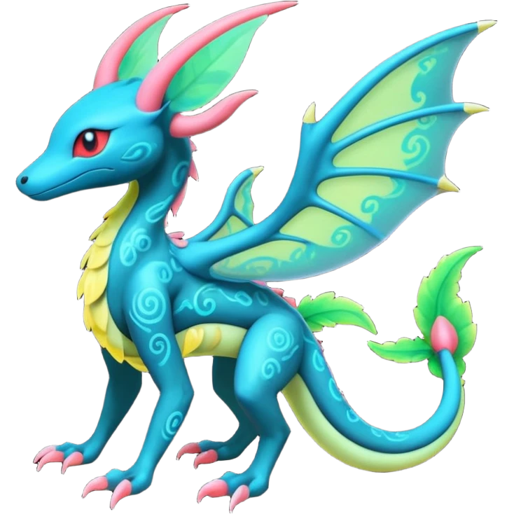 Colorful bioluminescent translucent ornate glowing neon Salandit-Tropius-Flygon-Sylveon-Umbreon-fusion-Pokémon-hybrid-creature  emoji