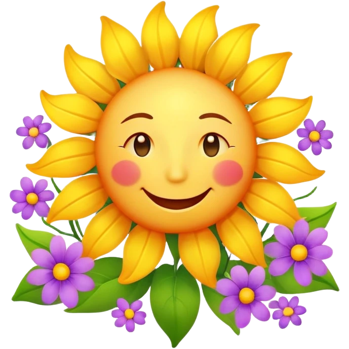 Happy smiling sun character with spring flowers blooming around it emoji