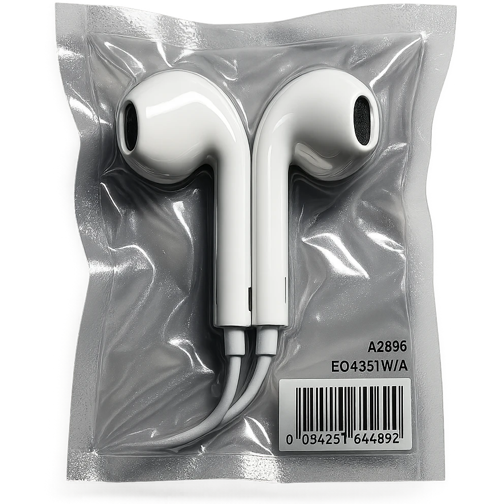 white EarPods headphones, extra glossy, dramatic lighting, no background emoji