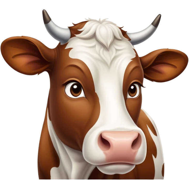 cinematic-noble-brown-and-white-cow-portrait-emoji,-poised-and-regal,-with-a-large,-sturdy-build-and-a-beautifully-patterned-hide-of-rich-brown-accented-by-crisp-white-patches,-deep-set-soulful-brown-eyes,-simplified-yet-sharp-and-sophisticated emoji