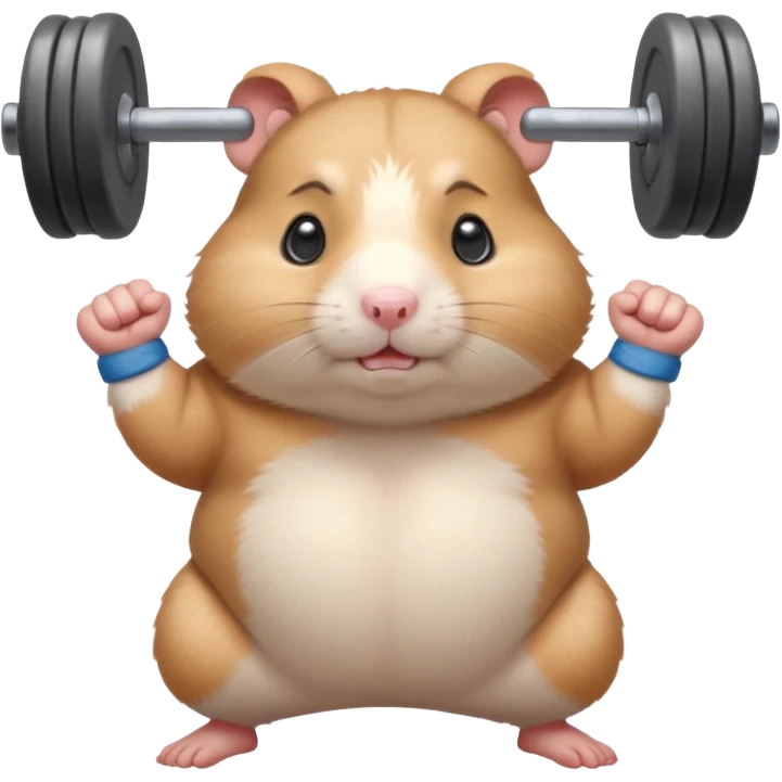 Cute cartoon-style chubby hamster standing upright, wearing a tiny sweatband, lifting oversized dumbbells with determined expression. Soft painterly shading, expressive eyes, white background, sticker-style illustration emoji