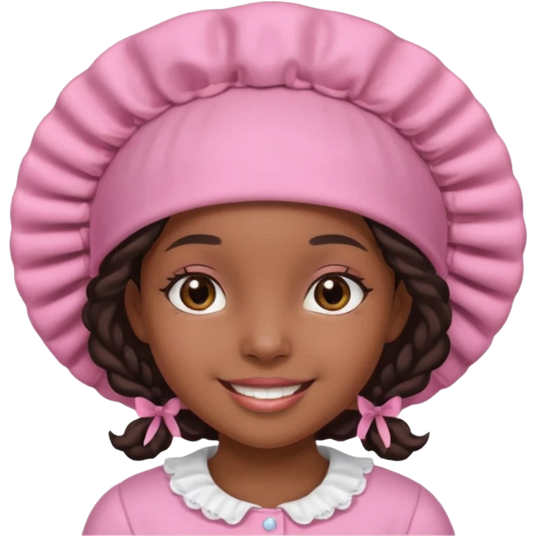 black girl smiling, wearing a pink bonnet emoji