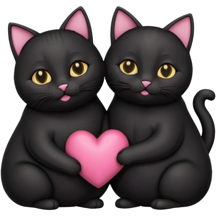two fat cute black cats love, pink heart, closed mouth, black ears emoji