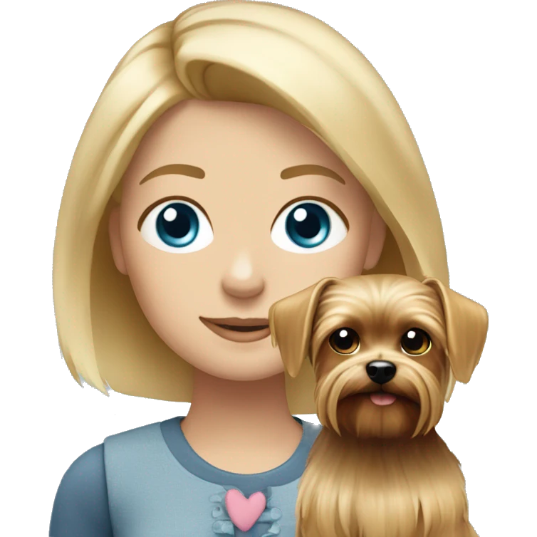 Blonde girl blue eyes with her pet yorkshire terrier emoji