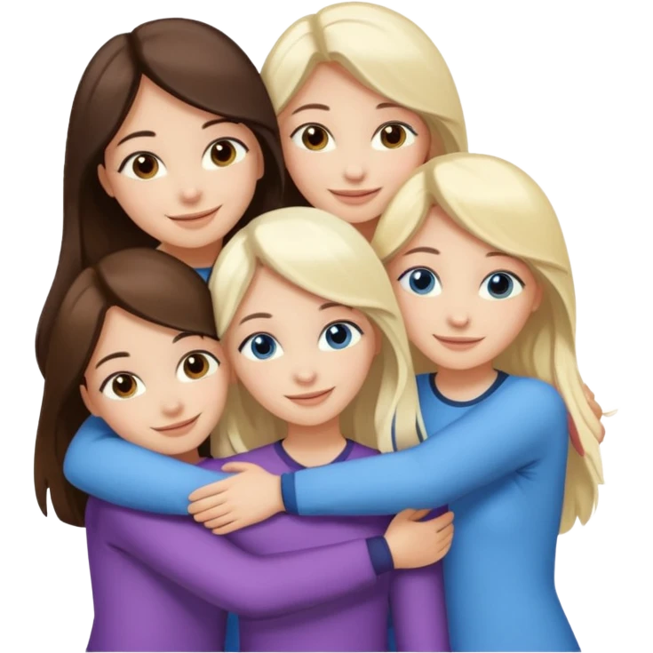 four white girlfriends hugging and smiling    2 girls with brown eyes and long dark brown hair. Two girls with blue eyes and light blonde hair emoji