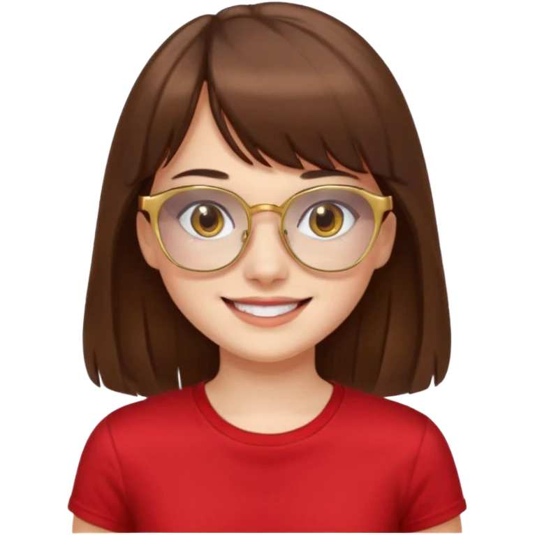 chica con piel blanca sonriendo, ojos marrones y pelo marrón largo hasta la cintura con flequillo y lentes dorados con remera roja. emoji