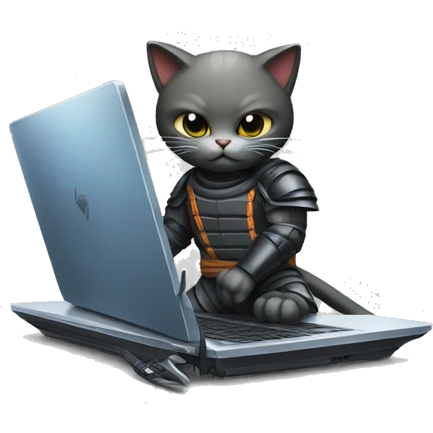 a ninja cat protecting a laptop computer. the cat has a sword and is standing in front of the laptop computer. highly detailed. emoji