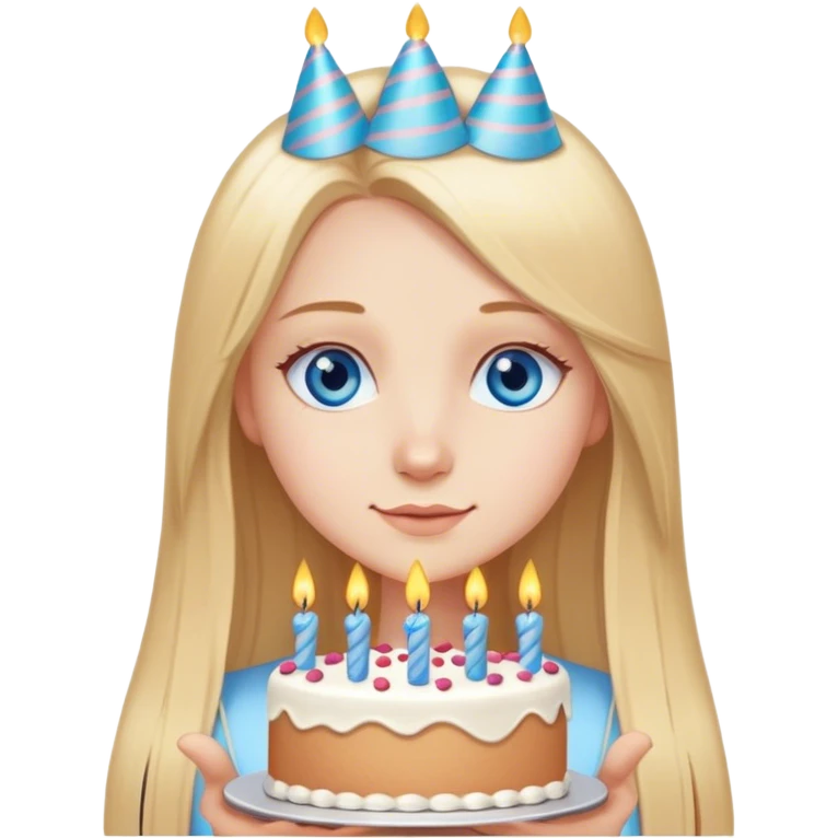 Straight long blonde hair blue eyes girl holding birthday cake emoji