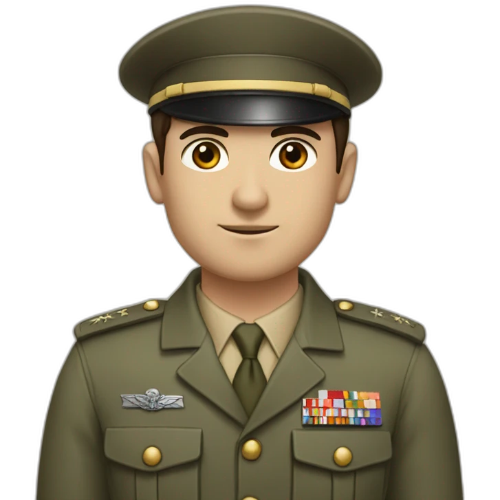 person with a small, thin mustache, dark hair combed to the side, prominent eyebrows, brown eyes, a large nose, a square chin, a pale complexion, wearing a military shirt emoji