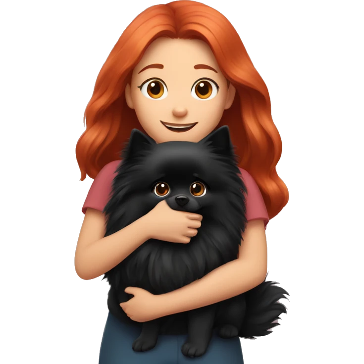 red-haired girl hugs a black pomeranian dog emoji