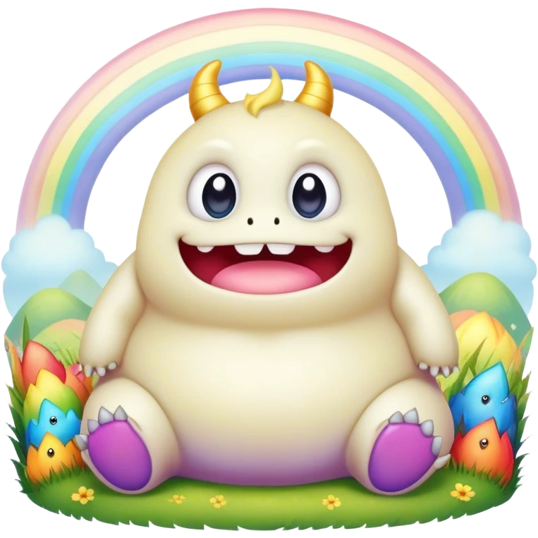 Kawaii derpy fat rainbow monster sitting in a magic field, rich textures, visually rich, so lifelike that it feels like it could leap off the page at any moment emoji