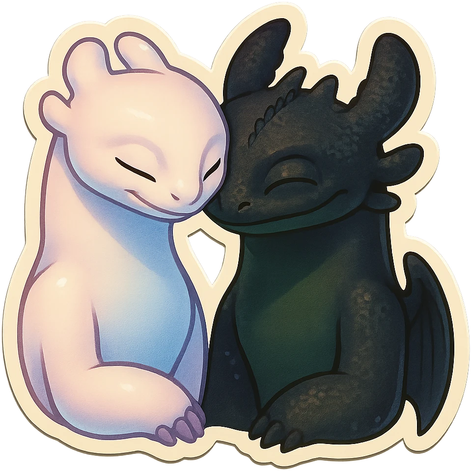 Light Fury and Toothless nuzzling, sticker style, inspired by How to Train Your Dragon emoji