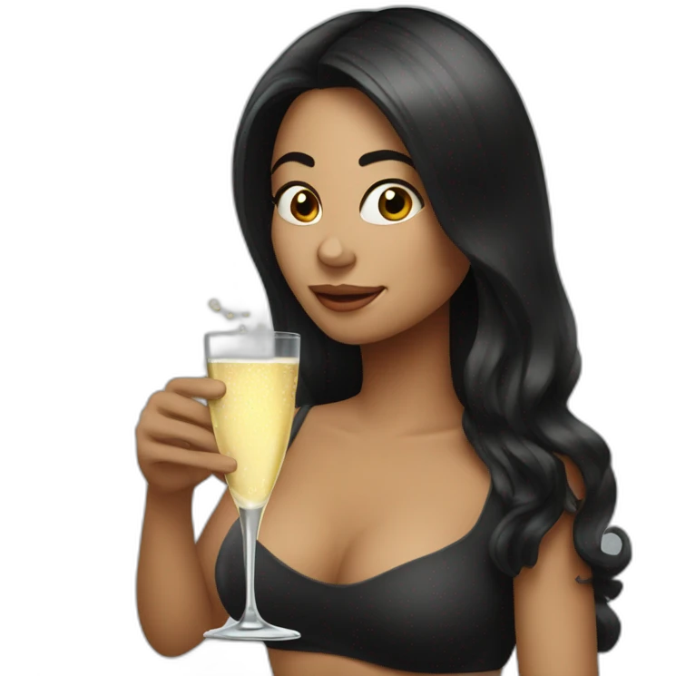 Funny woman with black long hair drinks champagne emoji
