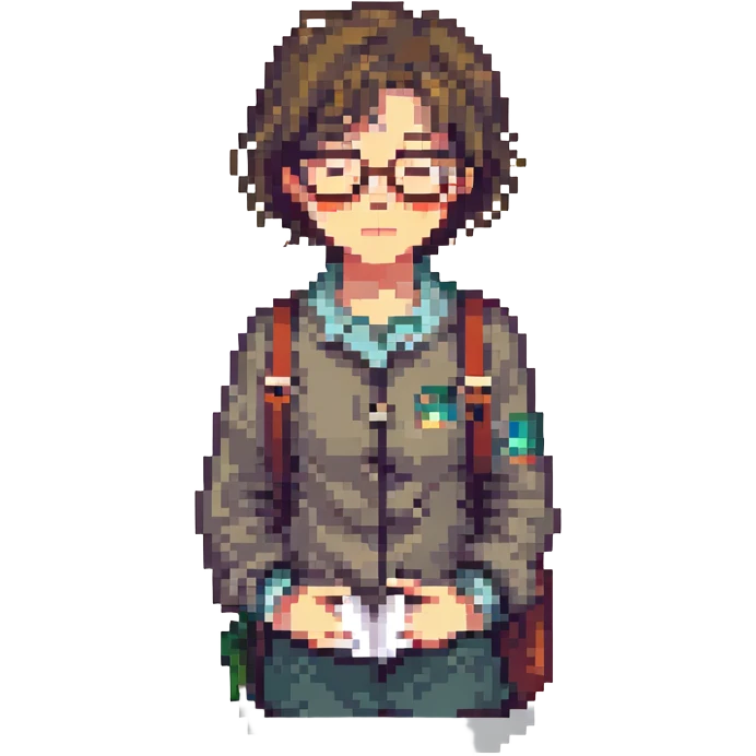 short-haired girl with a boyish style, tired face, wearing glasses, pixel art style emoji