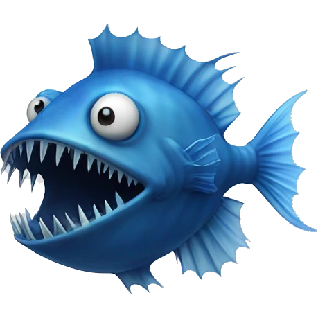 A blue angler fish with no lure and having blue smoke surrounding it facing front emoji