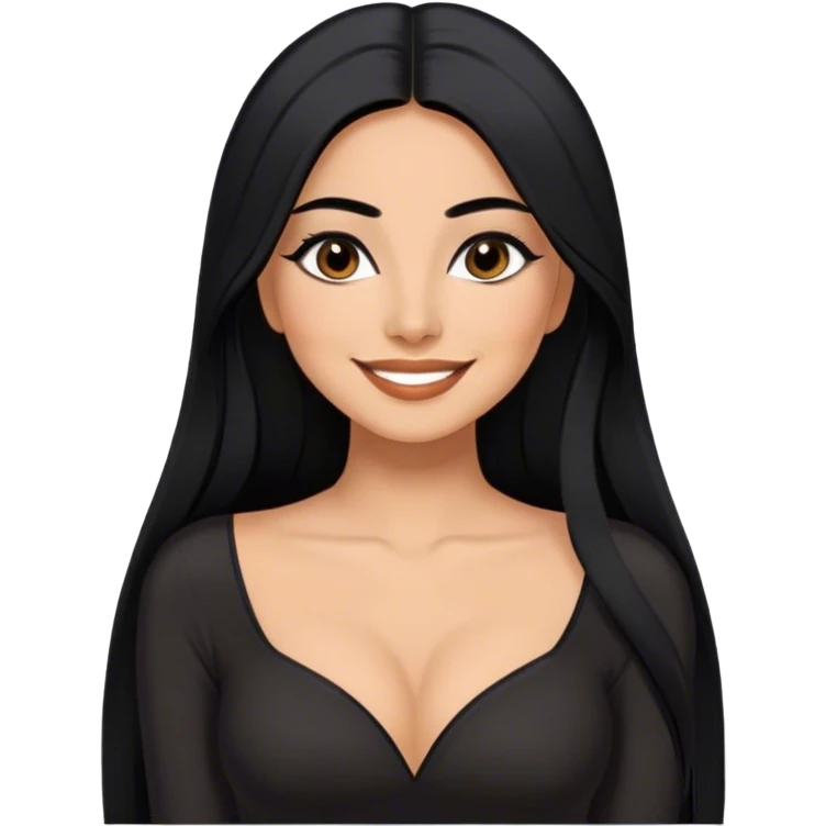 beautiful woman, with long straight black hair, with make up, black eye liner, smile, mexican, brown skin, wearing beautiful sexy black outfit, she’s wishing good night emoji
