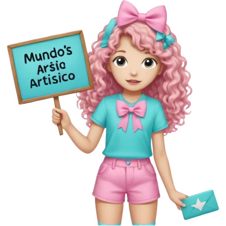 Crea una imagen mía kawai para stickers q tenga bonitos ojos cabello largo crespo color castaño claro y un hermoso moño rosa la blusa rosada y un hermoso chort color azul aguamarina y en sus manos un letrero q diga mundos Artistico Cc los zapatos estilo converse emoji