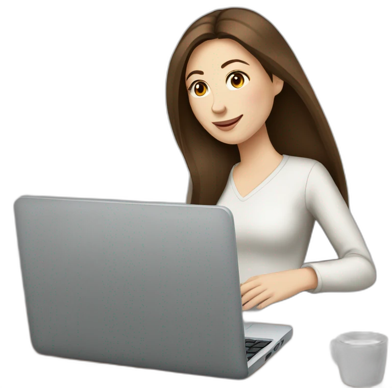woman with long straight brown hair and pale skin using a laptop as a tray for a coffee mug emoji