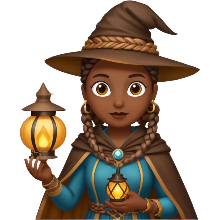 woodland emoji character, dark skin woman with braids dressed as owl mage, feather cape, holding lantern emoji