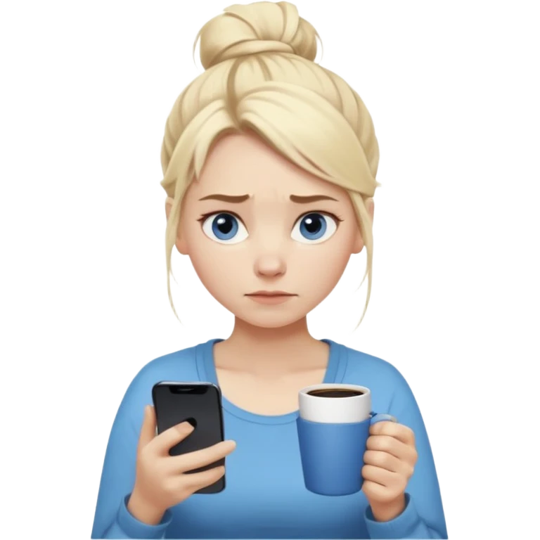 Cartoon emoji of a Scandinavian-looking woman with light blonde hair, pale skin, blue eyes. Portrait mode. Messy bun, tired eyes, tense face. Holding phone and coffee, rushed posture. Clearly busy, overwhelmed, slightly miserable. Smooth, simple, stylized emoji