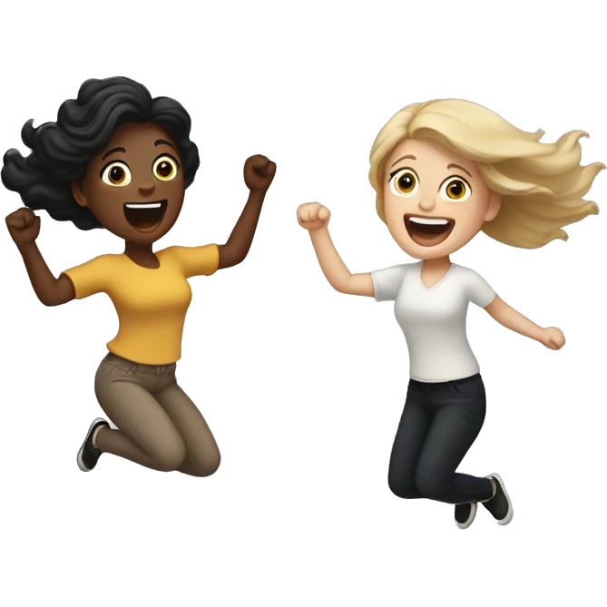 Two white women, one light brown and one black hair, jumping up excitedly emoji