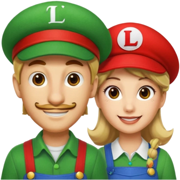 blonde female Luigi (with the Luigi green hat with an L on it) and a normal brown hair male Mario with the red hat with a M on it. They are friends just smiling emoji