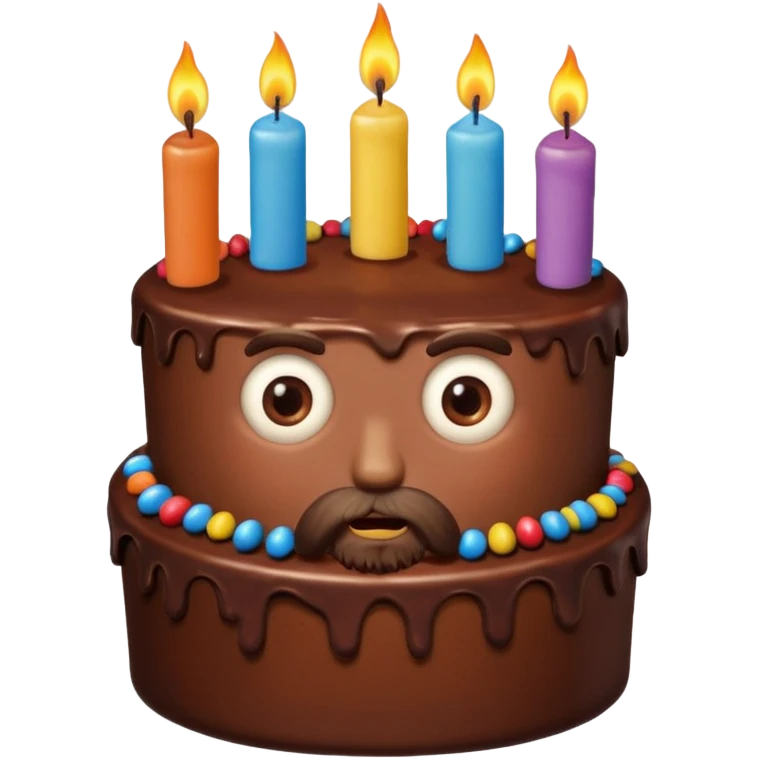 chocolate birthday cake with eyes and candles and beard emoji