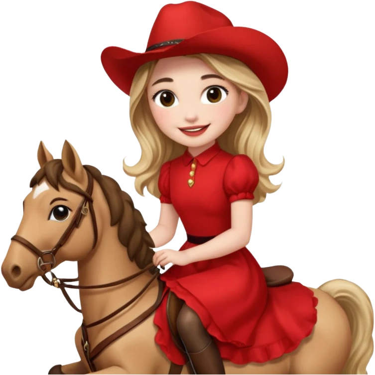 sabrina carpenter wearing red dress while riding a horse emoji