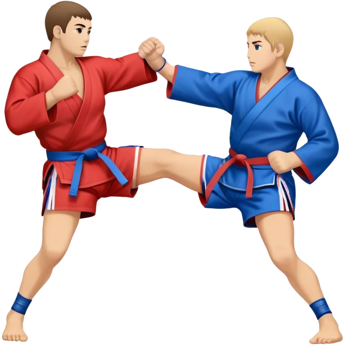An icon symbolizing Sambo, featuring two fighters in blue and red kimonos with shorts and wrestling shoes. One executes a powerful throw, while the other attempts a defensive grab. The fighters are engaged in a grapple, using joint locks and sweeps.  emoji