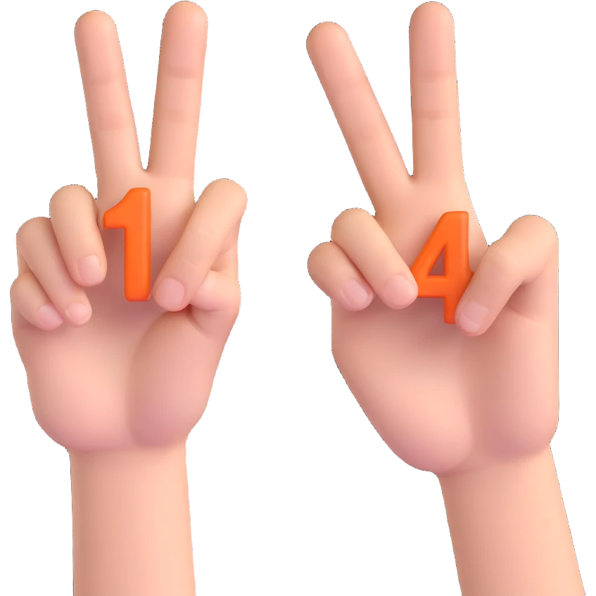 two hands, one showing the number 1 with fingers, the other showing the number 4 with fingers, clear and expressive, suitable for emoji or icon emoji