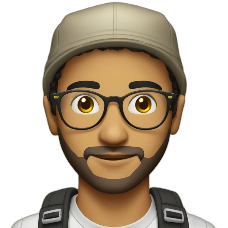 young arab man no beard with fishing hat, clear gold glasses and pro camera emoji