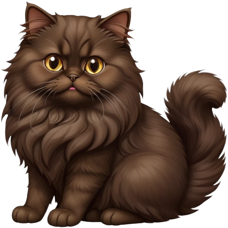 cinematic-[dark brown persian cat]-realistic-full-body-sitting-emoji,-tail-curled-playfully-around-its-paws,-head-tilted-dramatically,-fluffy-[dark brown]-fur,-simplified-yet-realistic-focused-features,-highly-detailed,-glowing-with-an-almost-sarcastic-glow emoji