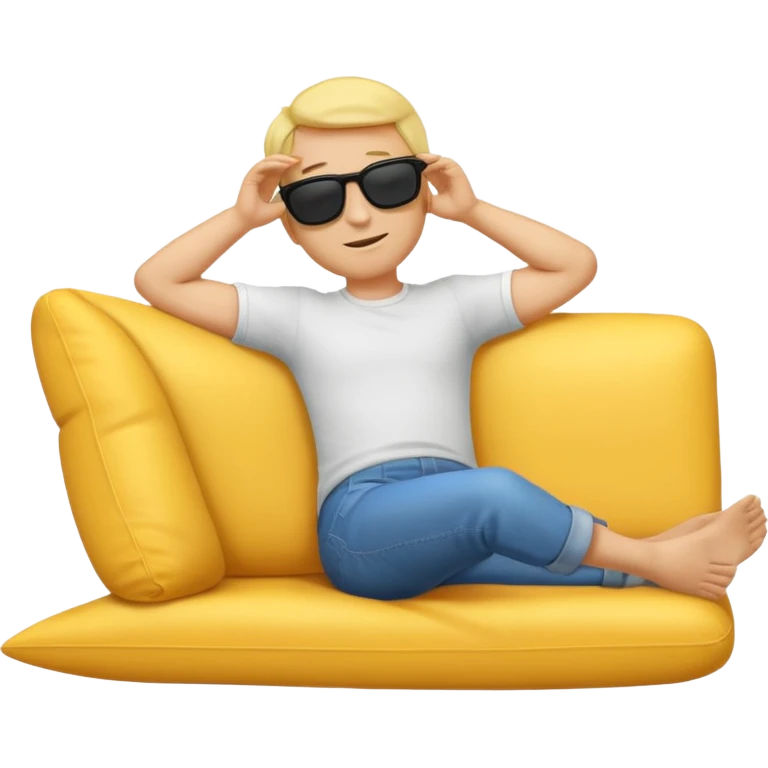 A full-body emoji man, with classic yellow skin tone, lying down or leaning back in a relaxed pose. He is wearing sunglasses and has both arms behind his head. The style should match standard emoji designs (like Apple emoji