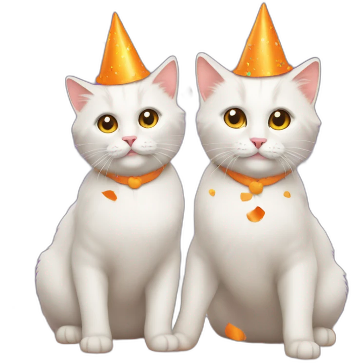 two white cats full body with orange party hats and confetti behind cats at a party emoji