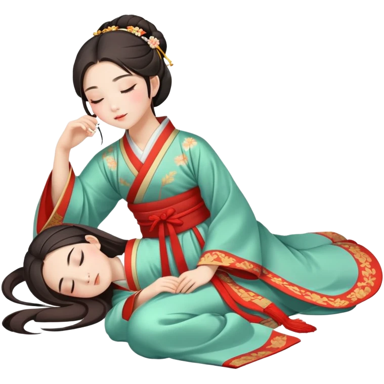 Beautiful girl in Hanfu lying on the ground sleeping emoji