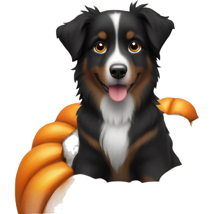 Small black australian shepherd dog in a pumpkin emoji