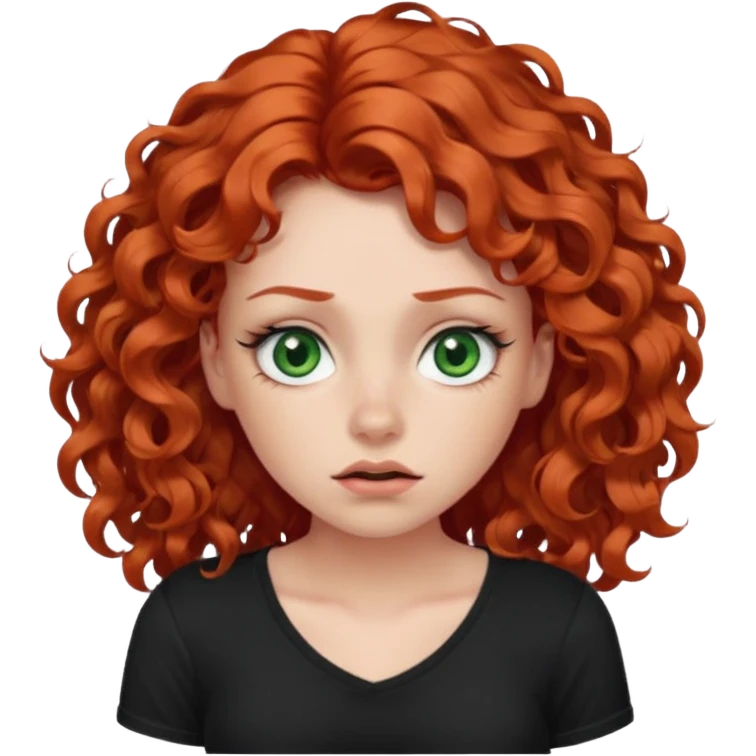 Red-haired girl with long curly hair and green eyes, rosy, with eyelashes, in a black T-shirt with a small neckline. She rolls her eyes, heard something very stupid emoji
