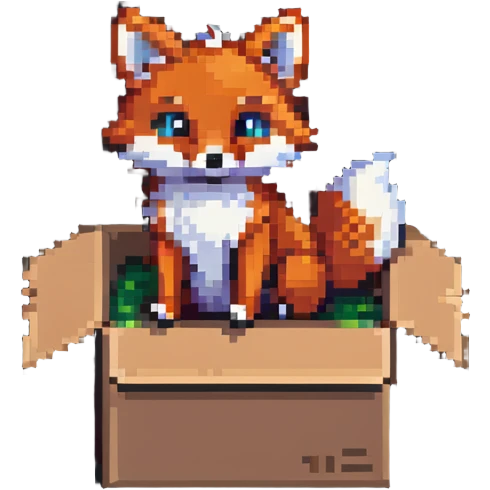 Playful fox sitting in a cardboard box, kids toy aesthetic, pixel art style emoji