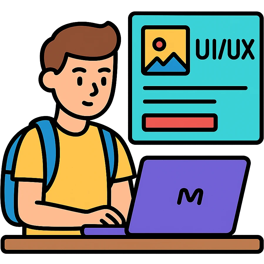 college student working on a laptop, focused on UI/UX design, modern workspace emoji