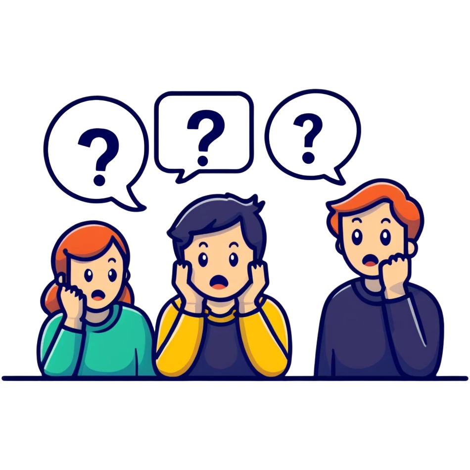 Team of people with bewildered expressions and question marks around them emoji