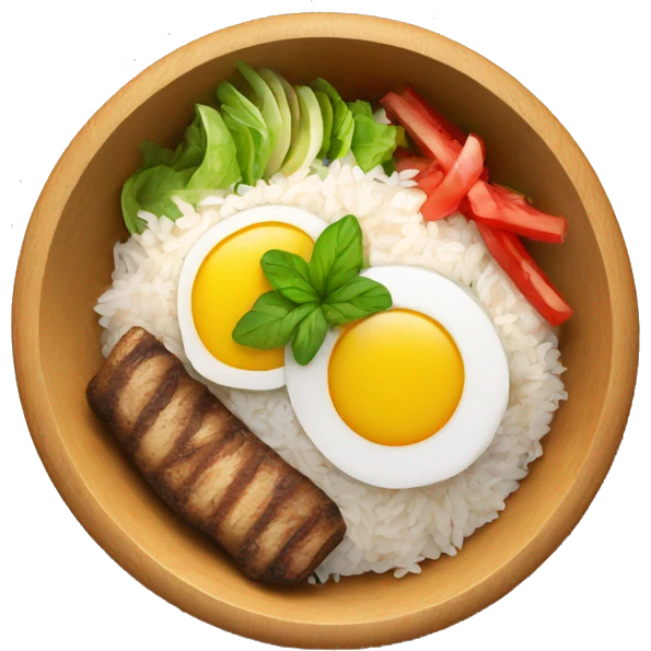 a wood bowl with rice in the middle, kebab, and salad emoji
