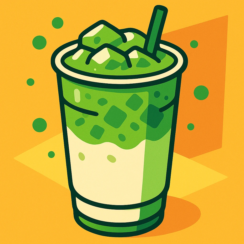ice matcha latte in a tall cup with a straw, creamy green and white layers, refreshing look emoji