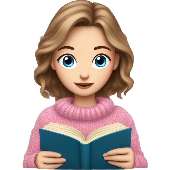Pretty white girl with blue eyes and brown hair in pink cozy sweater reading book emoji